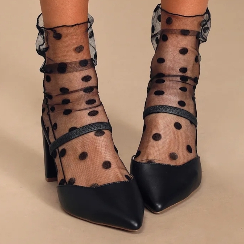 Elegant Black Sheer Polka-dot Mesh Mid-Calf/Ankle Socks with Back Seam - Picture 11 of 11